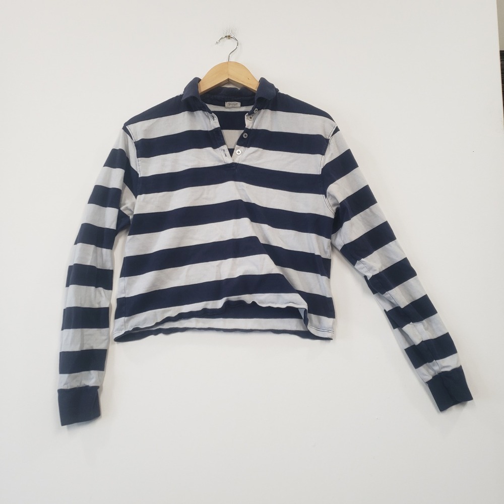 John Galt Cropped Rugby Shirt Small Navy White Striped Long Sleeve Top Preppy